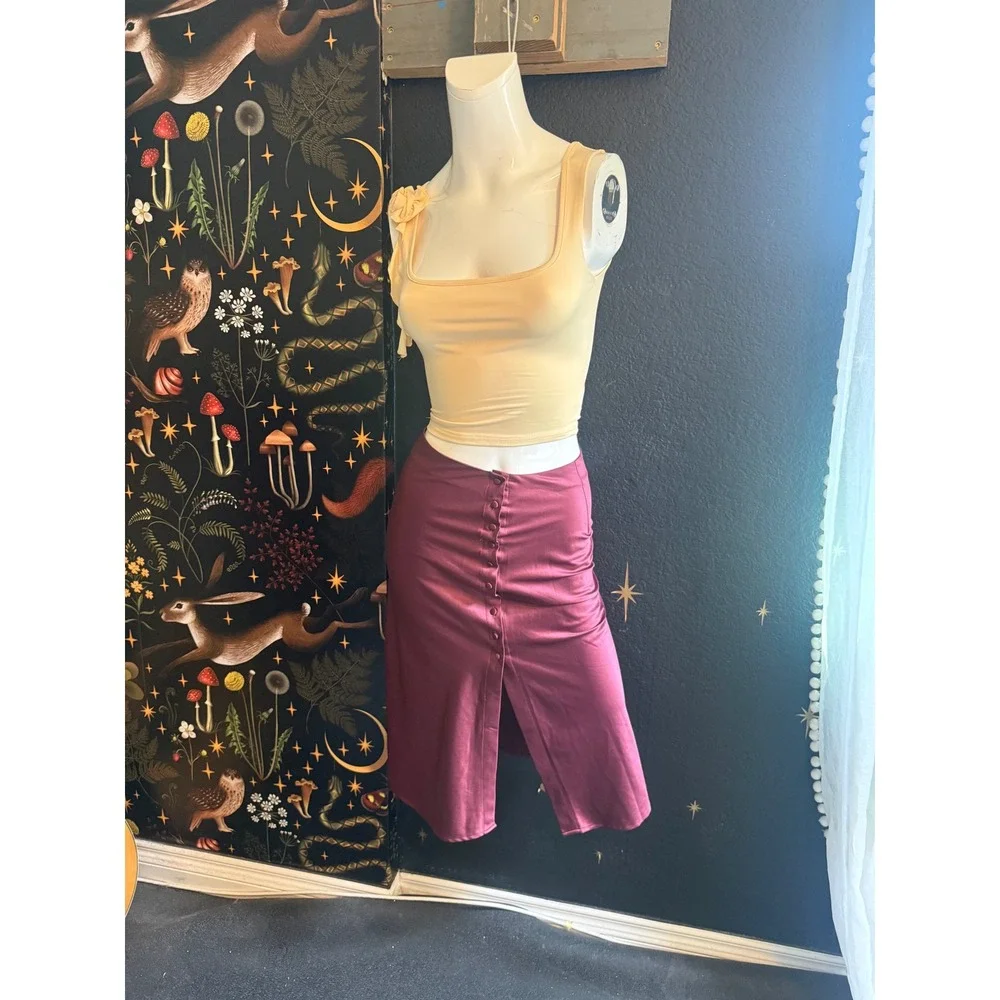 Forever 21 Burgundy Satin Button Front Midi Skirt Small High Waist Slit Plum